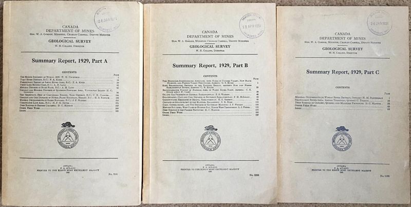 COLLINS, W. H; Director. - Geological Survey. Summary Report, 1929. In Three Parts.