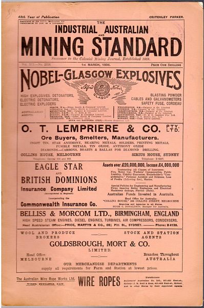 PARKER, CRITCHLEY; Editor. - Industrial Australian Mining Standard. 1st March, 1936. Vol. XCI-No. 2316. 48th Year of Publication.