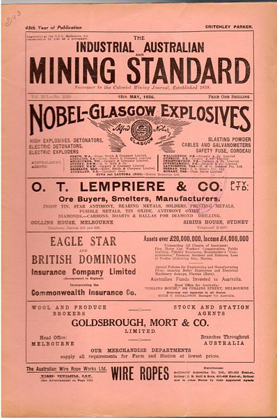 PARKER, CRITCHLEY; Editor. - Industrial Australian Mining Standard. 15th May, 1936. Vol. XCI-No. 2320. 48th Year of Publication.