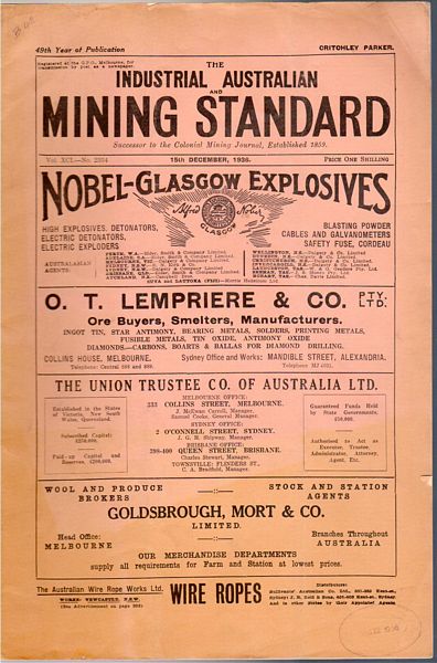 PARKER, CRITCHLEY; Editor. - Industrial Australian Mining Standard. 15th December, 1936. Vol. XCI-No. 2334. 49th Year of Publication.