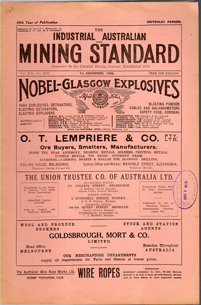 PARKER, CRITCHLEY; Editor. - Industrial Australian Mining Standard. 1st December, 1936. Vol. XCI-No. 2333. 49th Year of Publication.