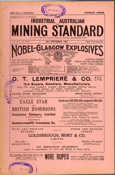 PARKER, CRITCHLEY; Editor. - Industrial Australian Mining Standard. 15th September, 1936. Vol. XCI-No. 2328. 48th Year of Publication.
