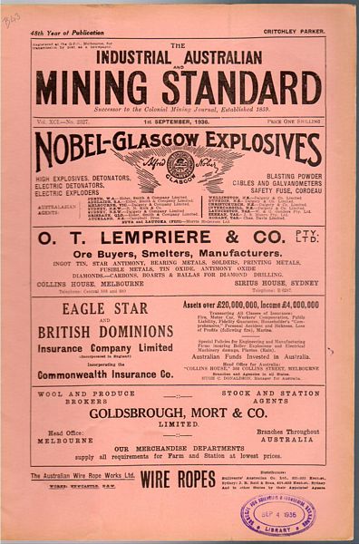 PARKER, CRITCHLEY; Editor. - Industrial Australian Mining Standard. 1st September, 1936. Vol. XCI-No. 2327. 48th Year of Publication.