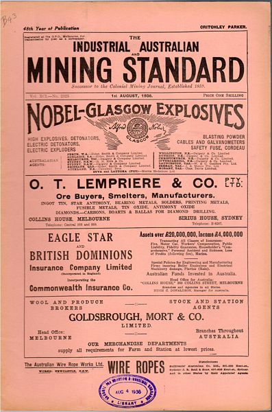 PARKER, CRITCHLEY; Editor. - Industrial Australian Mining Standard. 1st August, 1936. Vol. XCI-No. 2325. 48th Year of Publication.