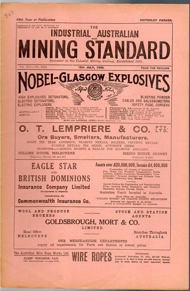 PARKER, CRITCHLEY; Editor. - Industrial Australian Mining Standard. 15th July, 1936. Vol. XCI-No. 2324. 48th Year of Publication.