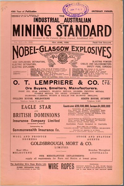 PARKER, CRITCHLEY; Editor. - Industrial Australian Mining Standard. 15th June, 1936. Vol. XCI-No. 2322. 48th Year of Publication.