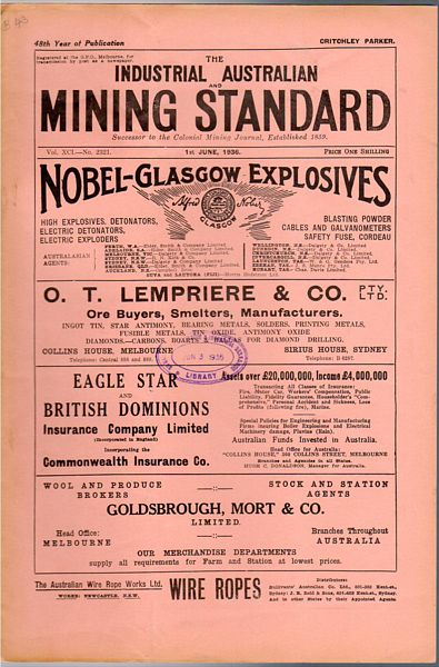 PARKER, CRITCHLEY; Editor. - Industrial Australian Mining Standard. 1st June, 1936. Vol. XCI-No. 2321. 48th Year of Publication.