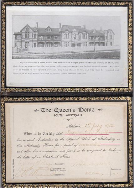  - The Queen's Home, South Australia. Nurse's Certificate.