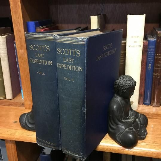 SCOTT, CAPTAIN R. F. - Scott's Last Expedition. In Two Volumes. Vol. I. Being The Journals Of Captain R. F. Scott, R. N., C.V.O. Vol. II. Being the Reports of the Journeys & the Scientific Work undertaken by Dr. E. A. Wilson and the Surviving Members of the Expedition. Arranged by Leonard Huxley. With a Preface by Sir Clements R. Markham, K.C.B., F.R.S. With Photogravure Frontispiece, 6 Original Sketches in Photogravure by Dr. E. A. Wilson, 18 Coloured Plates (16 from drawings by Dr. Wilson), 260 Full-Page and smaller Illustrations, from Photographs taken by Herbert G. Ponting, and other Members of the Expedition; Panoramas and Maps.