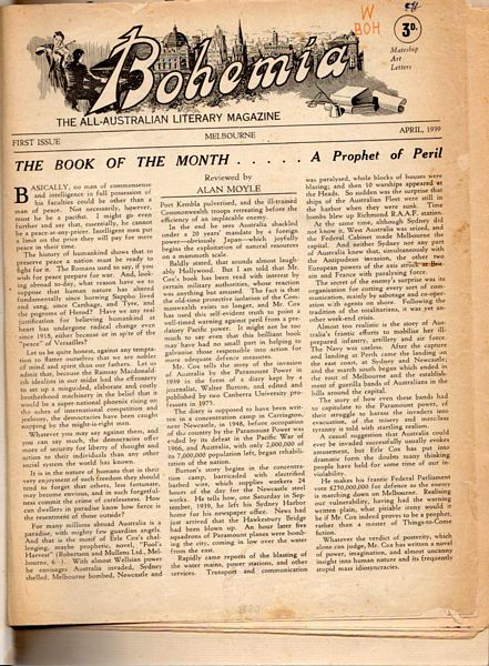 [ MOIR, JOHN KINMONT ] editor. - Bohemia. The All-Australian Literary Magazine. First issue April 1939 to Seventh issue October 1939.