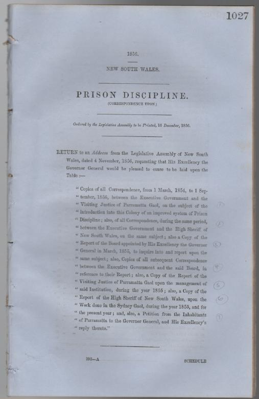 NEW SOUTH WALES. - Prison Discipline (Correspondence Upon) New South Wales 1856.