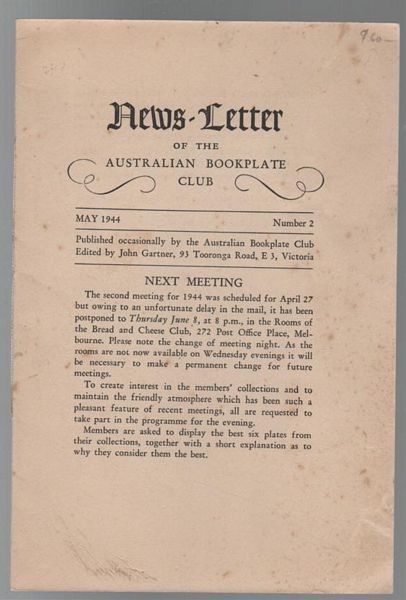 GARTNER, JOHN; Editor. - News-Letter of the Australian Bookplate Club. May 1944 Number. 2.