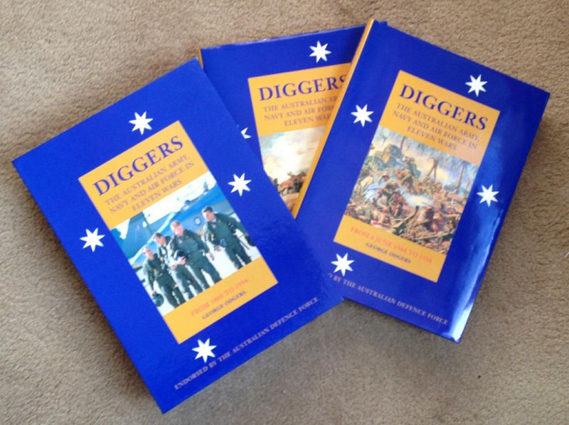 ODGERS, GEORGE. - Diggers. The Australian Army, Navy and Air Force in Eleven Wars. From 1860 to 5 June 1944. From 6 June 1944 to 1994. Two Volumes.