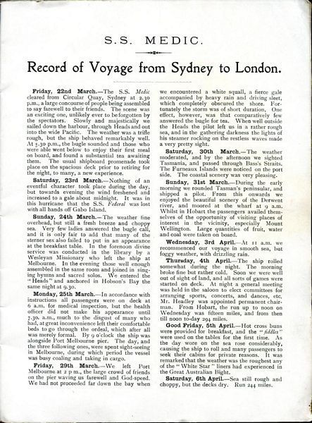 MEDIC, S. S. - Record of Voyage from Sydney to London.