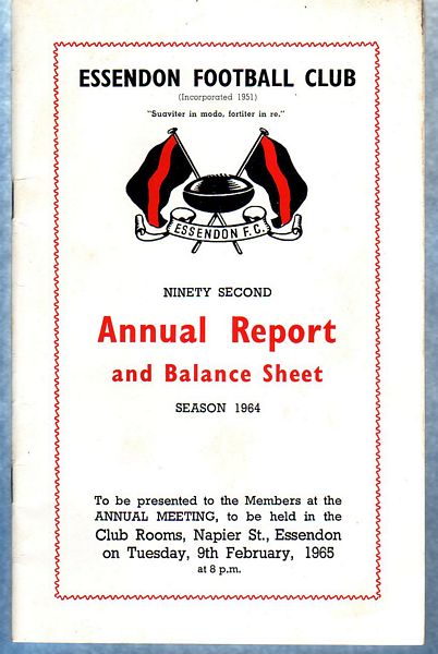  - Essendon Football Club. 92nd Annual Report and Balance Sheet. Season 1964.
