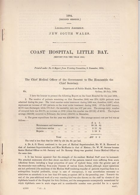 APPLEGATE GULLICK, WILLIAM; Printer. - Coast Hospital, Little Bay (Report for the Year 1903). 1904 Second Session. Legislative Assembly. New South Wales. The Chief Medical Officer of the Government to The Honourable the Chief Secretary. Printed under No. 6 Report from Printing Committee, 3 November, 1904.