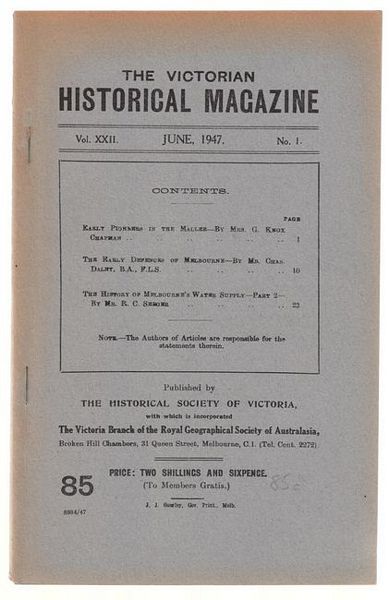 SEEGER, R. C. - The History of Melbourne's Water Supply - Part 2. Contained within the Victorian Historical Magazine. Journal and Proceedings of the Royal Historical Society of Victoria. Issue 85. Vol. XXII, June, 1947, No. 1.