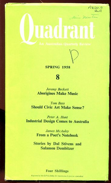 BECKETT, JEREMEY. - Aborigines Make Music. Contained within the Quadrant, An Australian Quarterly Review. Spring 1958, 8. Volume 2, Number 4.