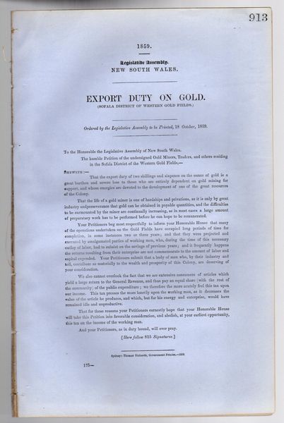 RICHARDS, THOMAS. - Export Duty on Gold. New South Wales Legislative Assembly.