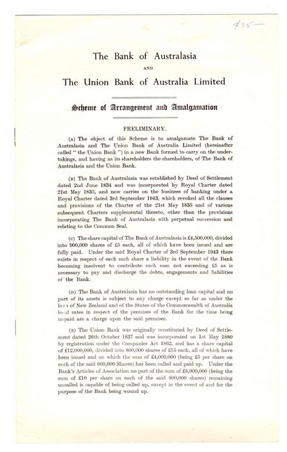  - The Bank of Australasia and The Union Bank of Australia Limited. Scheme of Arrangement and Amalgamation.