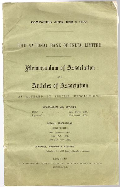  - The National Bank of India, Limited. Memorandum of Association ad Articles of Association. As Altered by Special Resolutions. Companies Acts, 1862 to 1890.