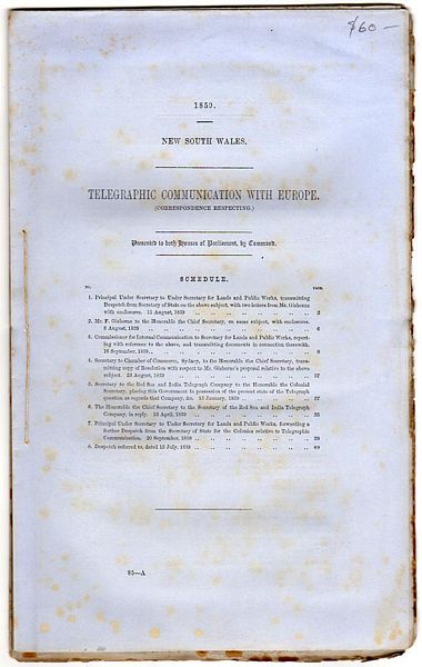  - Telegraphic Communication With Europe. Correspondence Respecting. 1859 New South Wales. Presented to both Houses of Parliament, by Command.