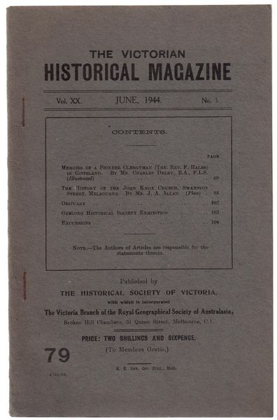 ALEX ALLEN, J. - The History of the John Knox Church Glebe in Swanston Street. Contained within the Victorian Historical Magazine, Vol. XX June, 1944. No. 3.