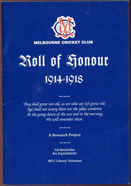 BATCHELDER, ALF. - Melbourne Cricket Club Roll of Honour 1914-1918. A Research Project.