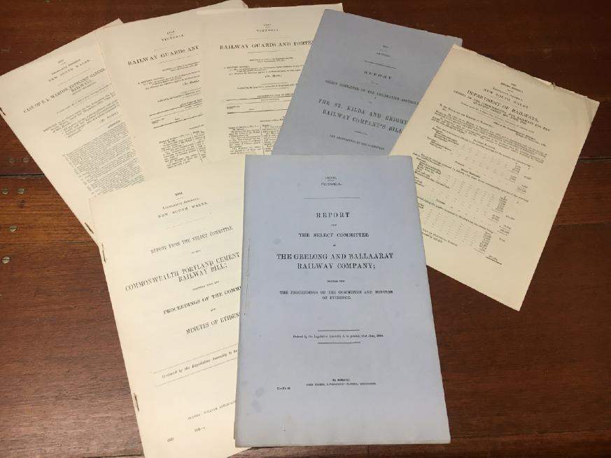 VICTORIAN RAILWAYS. - Collection of Parliamentary Papers on Victorian Railways. Including: Report from The Select Committee on The Geelong and Ballaarat Railway Company1859-60; The St. Kilda and Brighton Railway Company's Bill 1858; and five others.