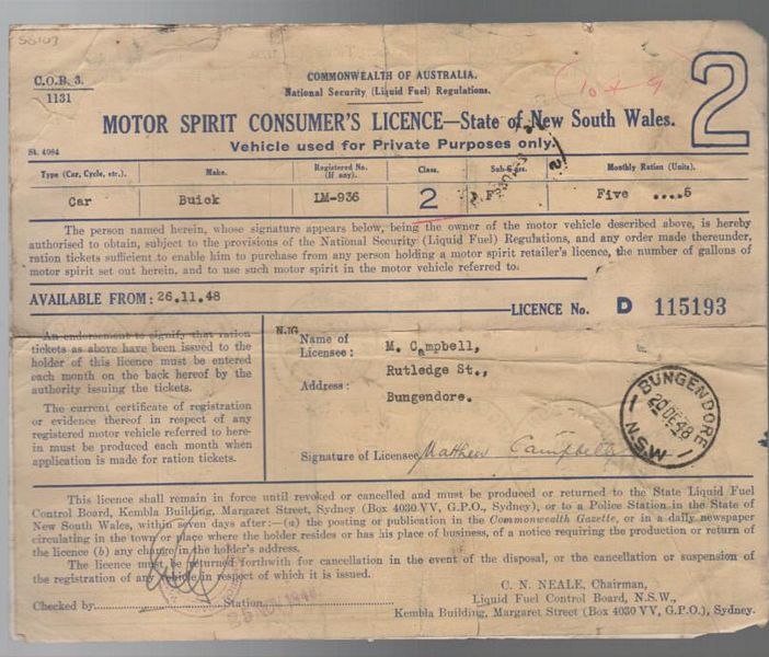 NATIONAL SECURITY (LIQUID FUEL) REGULATION. - Motor Spirit Cosumer's Licence - State of New South Wales - Vehicle used for Private Purposes only.