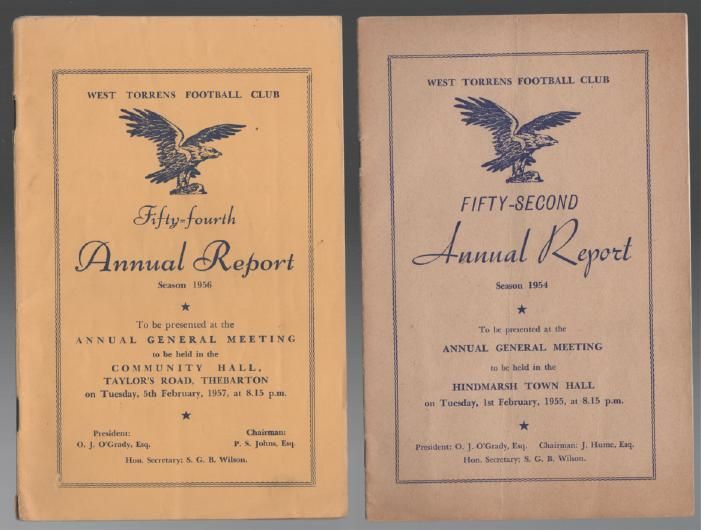 WEST TORRENS FOOTBALL CLUB. - West Torrens Football Club. Annual Reports and Balance Sheets for the Years 1954 and 1956.