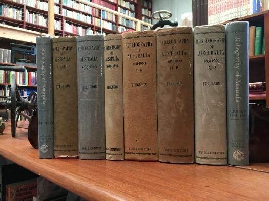 FERGUSON, JOHN ALEXANDER. - Bibliography Of Australia. Complete with Addenda 1784-1850. 8 volumes. Vol. 1: 1784-1830, Vol. 2: 1831-1838, Vol. 3: 1839-1845, Vol. 4: 1864-1850, Vol. 5: 1851-1900 A-G, Vol. 6: 1851-1900 H-P, Vol. 7: 1851-1900 Q-Z, Addendda 1784-1850.