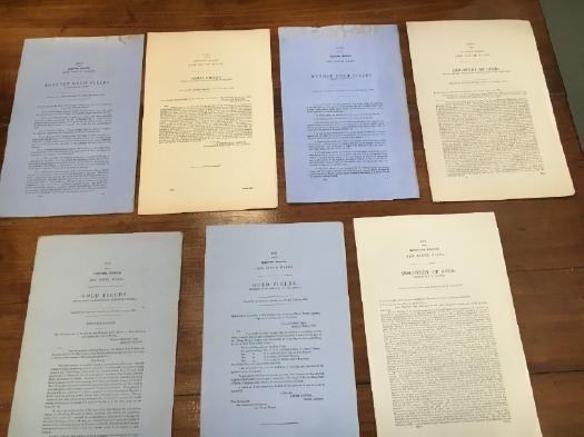 NEW SOUTH WALES GOLD FIELDS. - Seven New South Wales Parliamentary Papers on Gold Fields 1858-1877: Araluen Gold Fields 1858-9; Applications for Auriferous leases on Gulgong 1874; Nundle Gold Fields 1859; Discovery of Gold Petition 1876, Report on Western Gold Fields 1858; Discovery of Gold petition by Rudder 1875; Shipment of Buildings to Port Curtis 1858.