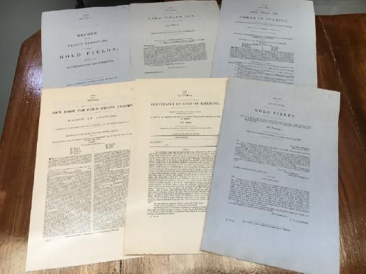 VICTORIA GOLD FIELDS. - Six Victorian Parliamentary Papers on Gold Fields 1860-1880: New Gold Field in Vicinity of Mount Baw Baw 1860; Conveyance of Gold on Railways 1867; New Form for Gold Mining Leases 1880; Regulations for Mining Leases in the District of Beechworth 1860; Petition in Gold Mining District of Steiglitz 1860; Report from Select Committee to re-assemble after the ensuing Recess 1860.