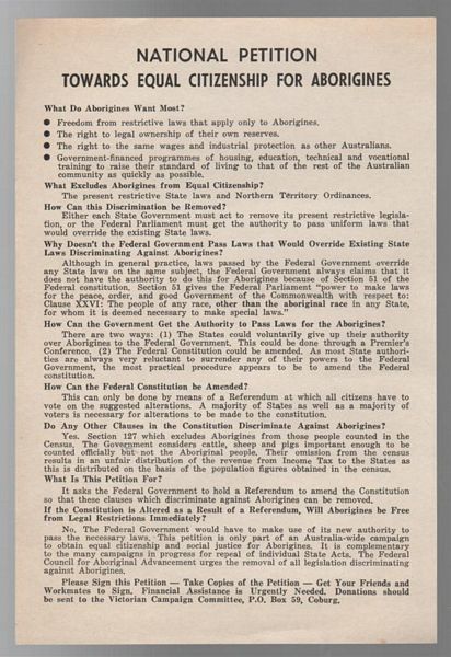 NATIONAL PETITION. - National Petition Towards Equal Citizenship For Aborigines.