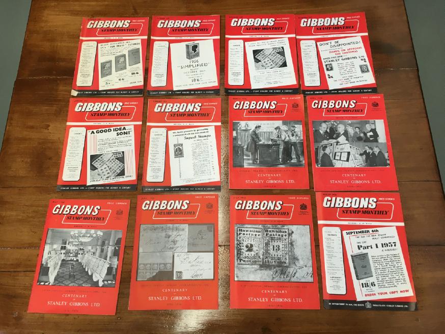 STANLEY GIBBONS LTD. - Stanley Gibbons Stamp Monthly Volume XXIX No. 1 September 1955. to Volume XXIX No. 12. August 1956. (12 issues in total). Includes the Rare 5 special issues Commemorating The Centenary of Stanley Gibbons Ltd.