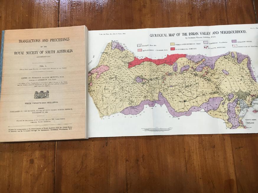 HOWCHIN, WALTER. - The Geology of the Victor Harbour, Inman Valley, and Yankalilla Districts, with Special Reference to the Great Inman Valley Glacier of Permo-Carboniferous Age. Contained in Transactions and Proceedings of the Royal Society of South Australia Vol. L. December 1926.