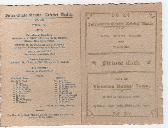 CRICKET. - Inter-State Banks' Cricket Match. New South Wales verses Victoria Sydney 1906. (Fixture Card).