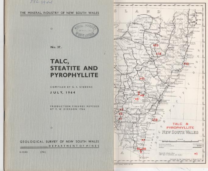 GIBBONS, G. S; Compiler. - The Mineral Industry Of New South Wales No. 37 Talc, Stratite and Pyrophyllite.