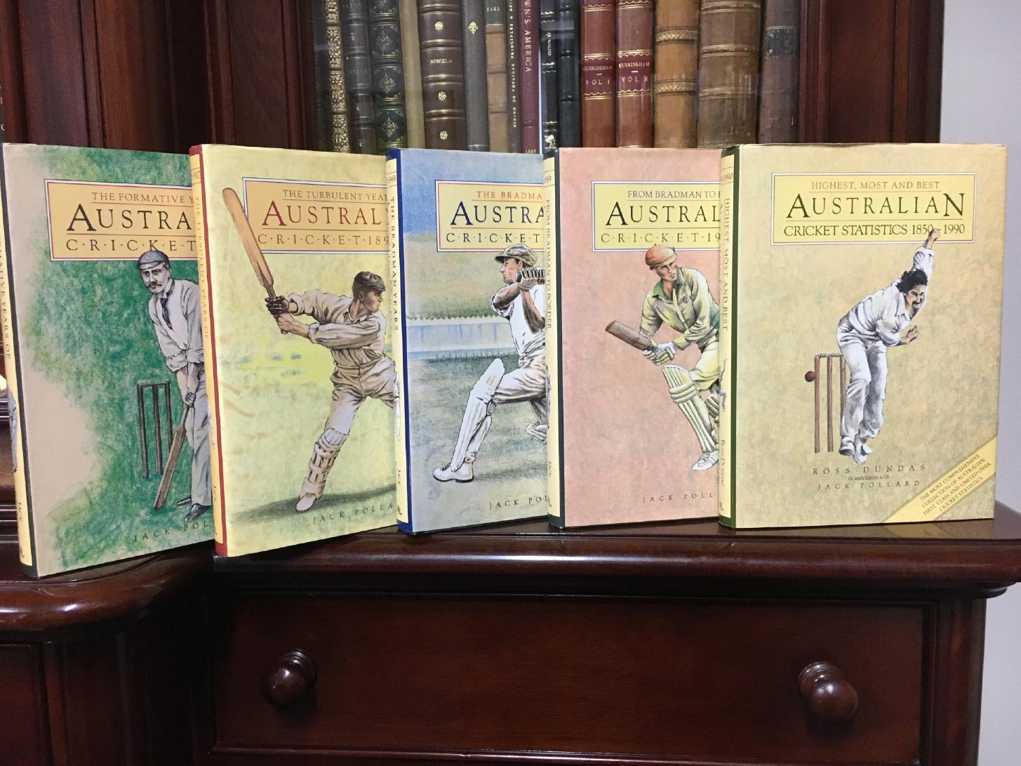 POLLARD, JACK. - The Complete History of Australian Cricket. Five Volume Set. The Formative Years 1803-1893. The Turbulent Years 1893-1917. The Bradman Years 1918-1948. The Packer Years 1948-1995. Highest, Most and Best, 192 Years of Cricket Statistics.