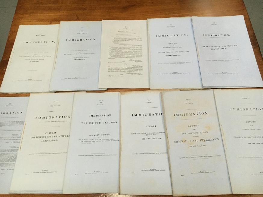 COLONY OF VICTORIA, IMMIGRATION. - Collection of 12 Immigration Reports for the period 1853 to 1858 being: Victoria 1853 Immigration; Victoria 1854 Immigration; 1853 Immigrants Aid Society; Victoria 1856 Immigration. Report of the Acting Immigration Agent upon Colonial Emigration and Immigration; Victoria 1856 Immigration. Correspondence Relative to Immigration; Victoria 1857 Immigration Despatch From The Secretary of State; Victoria 1857. Immigration Further Correspondence Relative To Immigration; Victoria 1857 Immigration Return of all Immigrants who have arrived in the Colony.; Victoria 1857-8 Immigration from The United Kingdom Summary Report; Victoria 1857-8 Immigration. Report of the Immigration Agent upon Colonial Emigration and Immigration; Victoria. 1858. Immigration. Report of the Immigration Agent upon Colonial Emigration and Immigration.